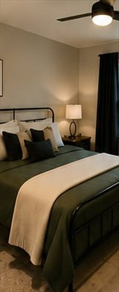 A made-up bedroom with layered green and cream bedding