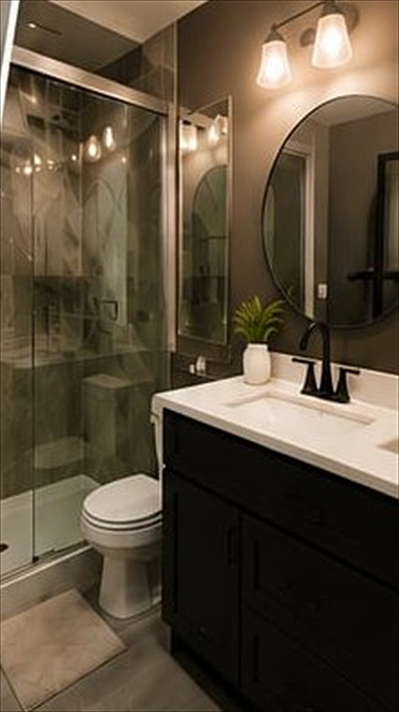 Bathroom with a glass walk-in shower and vanity