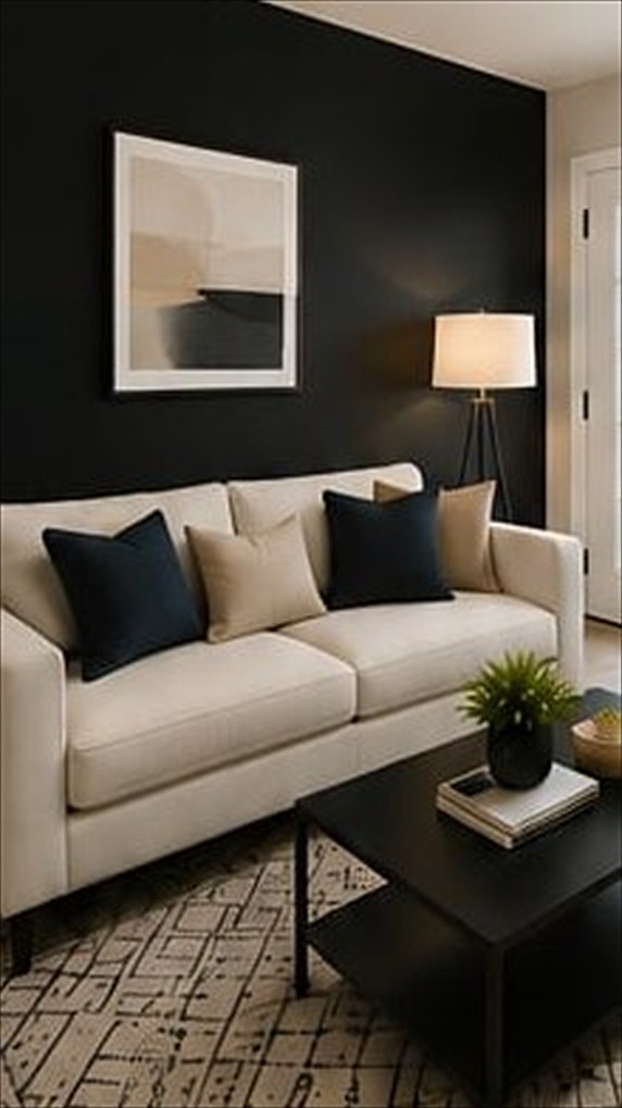 Living room with a cream sofa against a dark accent wall